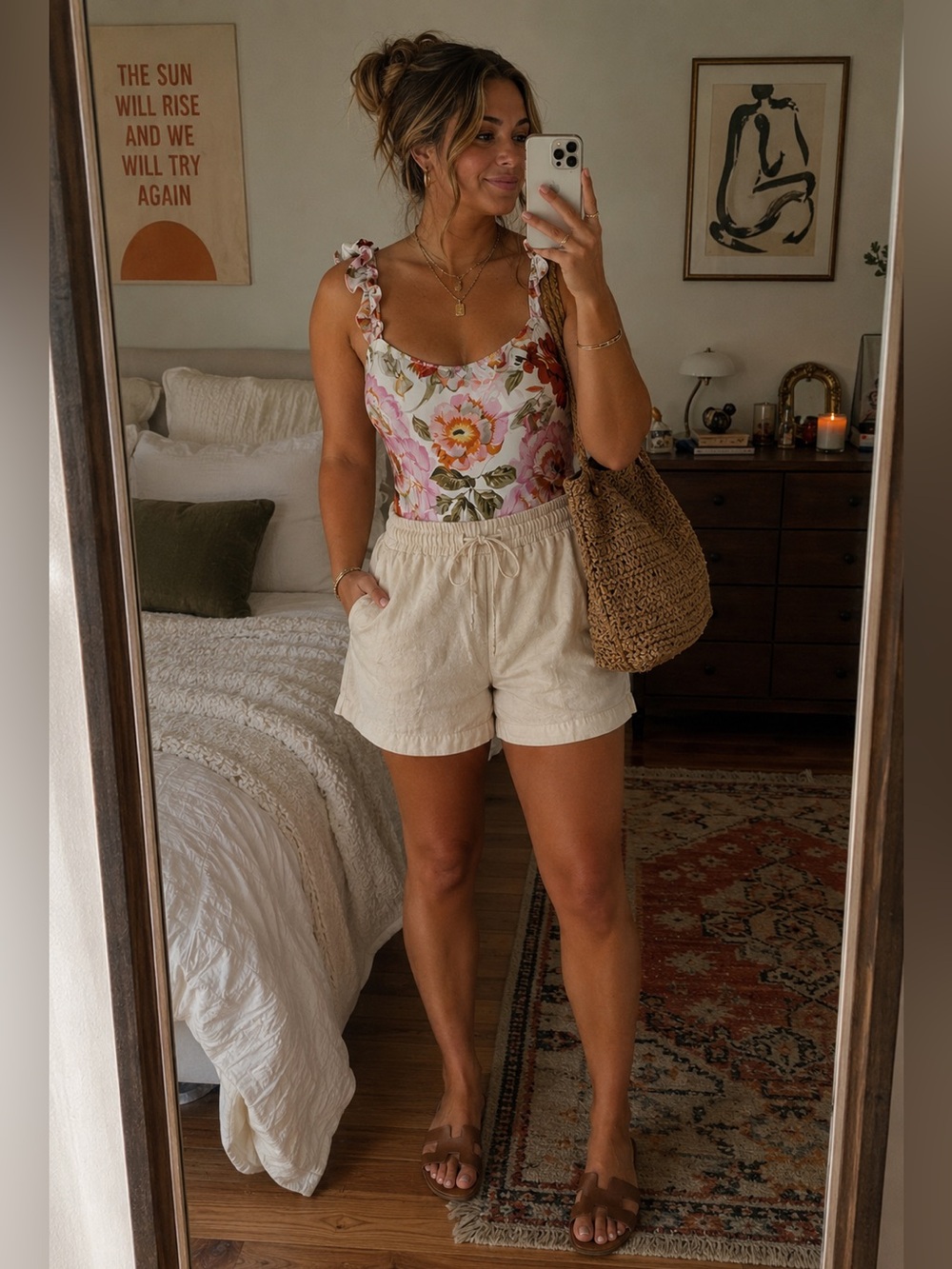 Women’s Palms Away White Floral One Piece Ruffle Sleeve Bathing Suit